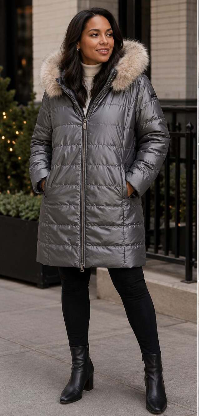 DKNY Women's Metallic Grey Quilted Puffer Coat with Faux Fur Hood size XL